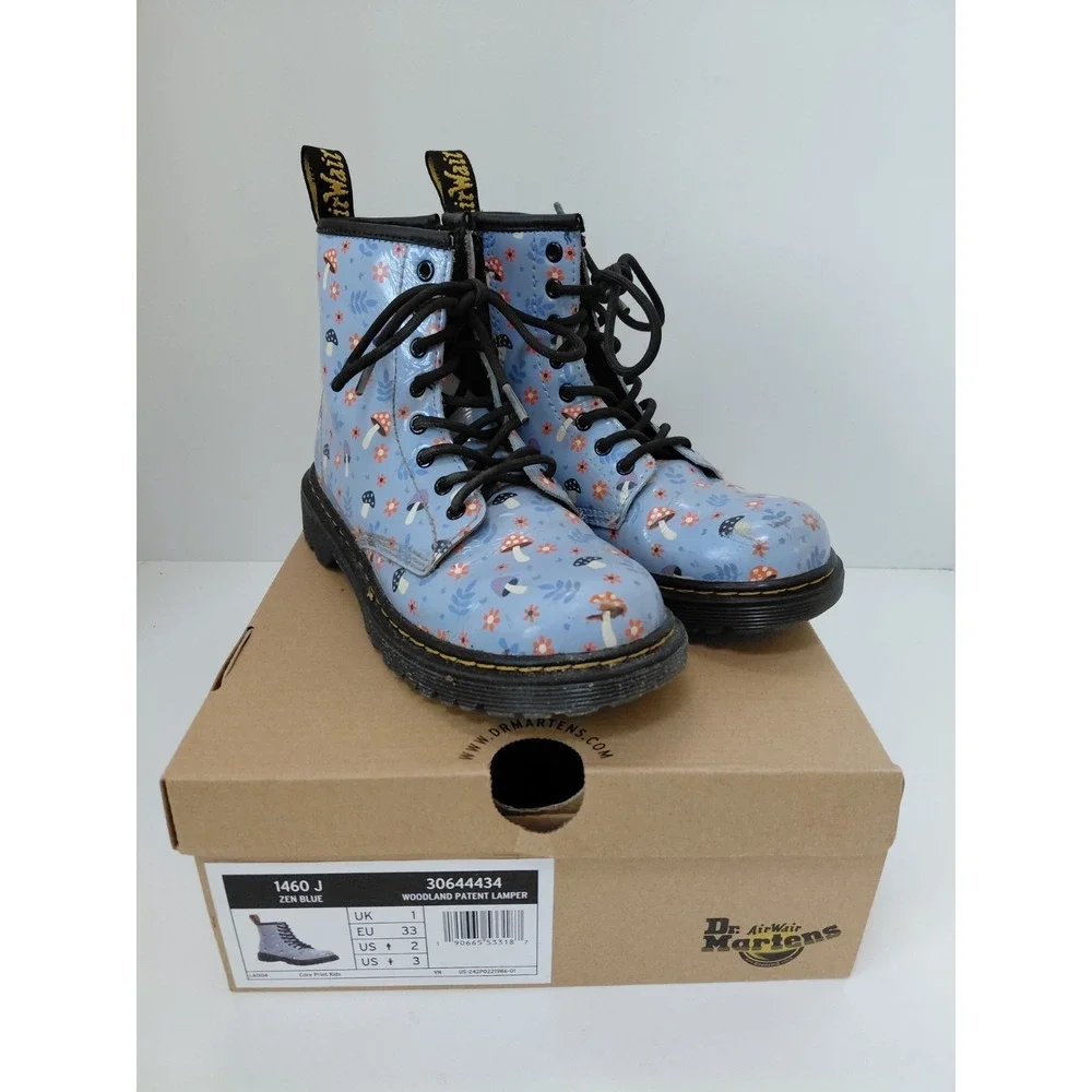Dr. Martens AirWair 1460 J Zen Blue Woodland Patent Lampers Kids Boots Size 2